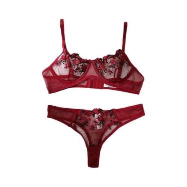 Imagem de Conjunto De Sutiã Push-up De Renda Sexy Feminino Com Calcinha Semi-tra