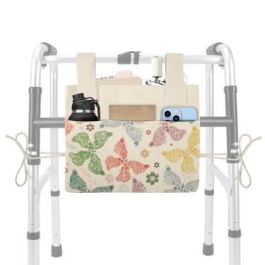 Imagem de Bolsa para andador, cesta prática para andador com suporte para copo de água, bolsa de armazenamento de acessórios para andador dobrável, cadeiras de rodas, carrinhos de bebê, 38 x 30 cm (borboleta)
