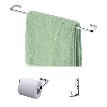 Imagem de Kit Banheiro Porta Toalha 60cm + Cabide Toalheiro + Papeleira Cromado 
