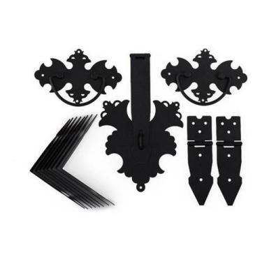 Imagem de Kit Ferragem Baú 16 Peças Alça Dobradiças Medalhão Preto - Telis Ferra