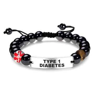 Imagem de COMTRUDE Pulseira de identificação de alerta médico para homens e mulheres pulseiras ajustáveis pulseiras personalizadas pingente joia de aço inoxidável pulseira de contas obsidiana presente, 1, Aço