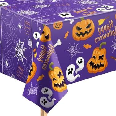 Imagem de Toalha de mesa de Halloween, 1 pacote de toalha de mesa de plástico 132 x 221 cm, roxo, decorações de Halloween, retangular, toalha de mesa descartável, teia de aranha fantasma, abóbora, decoração de