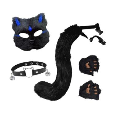 Imagem de Dynwave Conjunto de máscara e cauda de gato e, colar para festa de aniversário, baile de máscaras show, Preto Azul