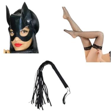 Imagem de Máscara Mulher Gato Luxo Chicote e Meia Calça Cosplay Festas - 3 PÇS