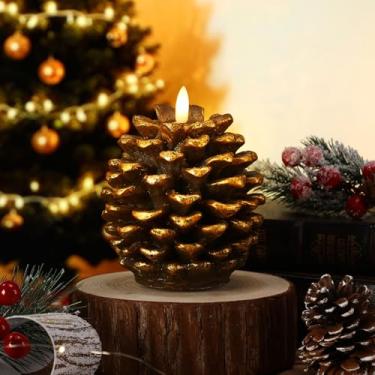 Imagem de Baquler 1 peça de velas de pinho de LED sem chamas operadas por pilhas, velas de pinho de cera real para decoração de festa de Natal em casa (marrom)