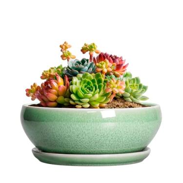 Imagem de SQOWL Vasos de suculentas de 15 cm - Vaso de bonsai de cerâmica para plantas internas e externas, vaso raso com orifício de drenagem e bandeja, vasos redondos para flores de cacto, decoração de