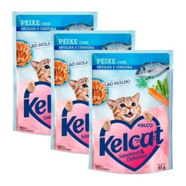 Imagem de Kit 3 Ração Úmida para Gatos Kelcat Sabor Peixe com Ervilha e Cenoura 