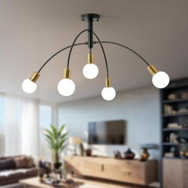 Imagem de Sheadea Luminária de teto semi-embutida de meados do século, lustre Sputnik moderno 5 dourado claro e preto para sala de estar, sala de jantar, quarto, cozinha, escritório