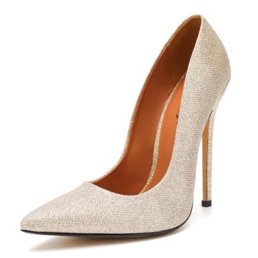 Imagem de Sapato feminino salto alto 14,5 cm, clássico sexy bico fino preto salto agulha vestido festa casamento escritório sapatos sem cadarço plus size, Glitter dourado, 44