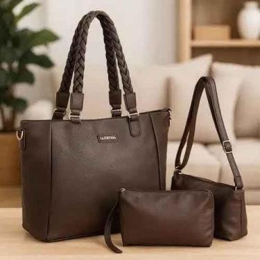 Imagem de Bolsa Feminina Kit 3 Peças, Couro Sintético, Bolsa Grande Tote 43x30x11cm, Bolsa Média 28x17cm, Necessaire 18x10cm, MARROM