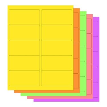 Imagem de THEBLUETOUCH Etiquetas impressas coloridas neon de 5 cm x 10 cm - 250 adesivos (10 por folha), 5 cores sortidas para correspondência, impressão a jato de tinta/laser ou caligrafia