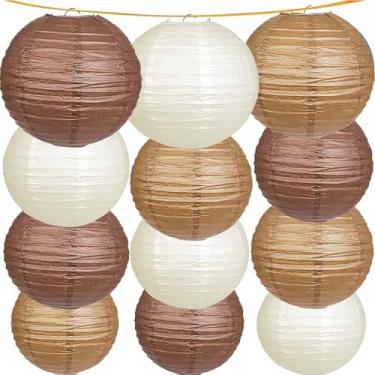 Imagem de KUNYYI Lanternas de papel Boho, 12 peças de lanternas chinesas brancas nuas marrons diferentes tamanhos para chá de bebê, jardim, festa de chá, despedida de solteira, aniversário, decorações de festa