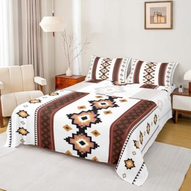 Imagem de Jogo de lençol casal asteca, boêmio, geométrico, étnico, retrô, exótico, estilo nórdico, sala de estar, branco, preto, marrom, lençol de cima + lençol com elástico + 2 fronhas