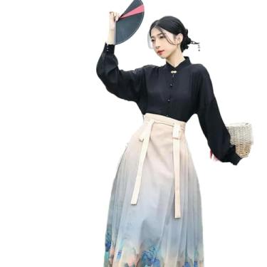 Imagem de Camisa preta montanha estampada com cara de cavalo saia Hanfu terno feminino fantasia cosplay Halloween vestido