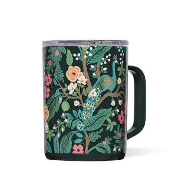 Imagem de Corkcicle Caneca de café com isolamento triplo da x Rifle Paper Co. com tampa e alça, azul pavão, 473 ml – Caneca de viagem de aço inoxidável mantém as bebidas quentes por mais de 3 horas –