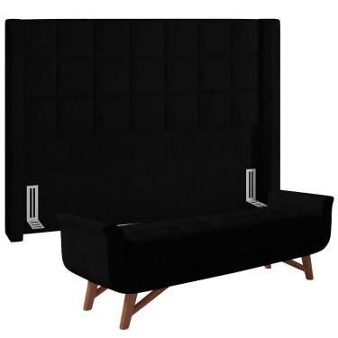 Imagem de Kit Cabeceira Cama Box Paris 195 cm com Puff Recamier Itália P05 Bouclê Preto - Lyam Decor