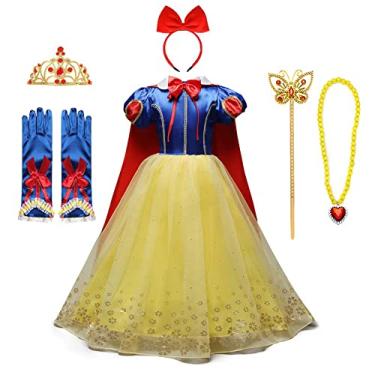 Imagem de Izkizf Fantasia de Princesa Branca de Neve para Meninas Aniversário Dia das Bruxas Cosplay Fantasia de Fantasia com Acessórios, #001 Snow White Dress, 6-7 Years