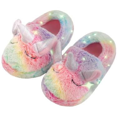Imagem de WOYASIM Chinelos infantis de unicórnio felpudos luminosos, Arco-íris, 10-11 Little Kid