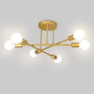 Imagem de Lustre nórdico moderno com 6 luzes, luminária de teto embutida com soquete E27, acabamento dourado, ideal para iluminação de sala de estar, sala de jantar e corredor