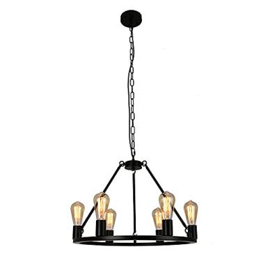 Imagem de YQSLQZZ Lustre industrial, anel vintage americano com 6 luzes para sala de jantar, luminária de teto pendurada ilha de cozinha preta, altura ajustável, para sala de estar e café