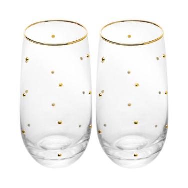 Imagem de Cj 2 Copos Altos de Vidro C/Fio de Ouro Balls 300ml Wolff