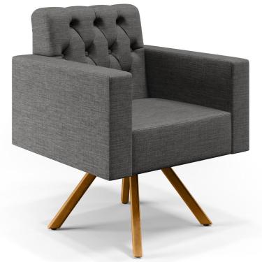 Imagem de Poltrona Decorativa Giratória Base de Madeira Manu L02 Capitonê Linho Cinza Escuro - Lyam Decor