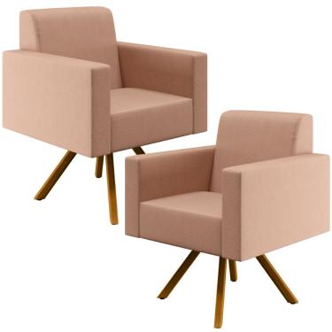 Imagem de Kit 02 Poltronas Decorativa Base Giratória de Madeira Helô L02 Linho Rosê - Lyam Decor