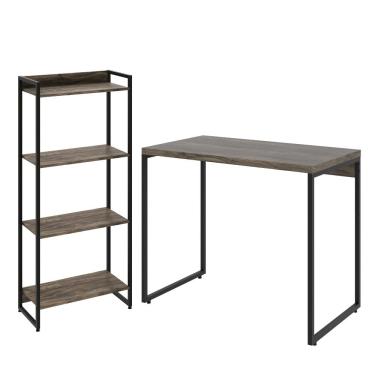 Imagem de Kit Escritório Estante Areta 4 Prateleiras Mesa Industrial Aspen 90cm C01 Carvalho Dark - Lyam Decor