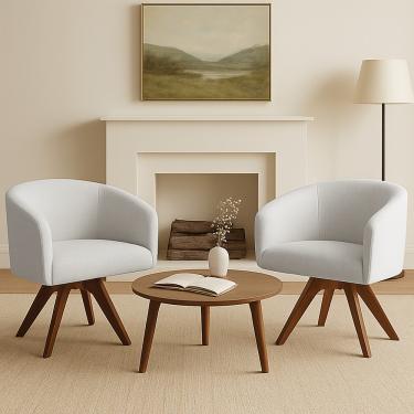 Imagem de Poltrona Sala Base Giratória Madeira Kit 2 Arielle Linho Cinza D03 - D'Rossi