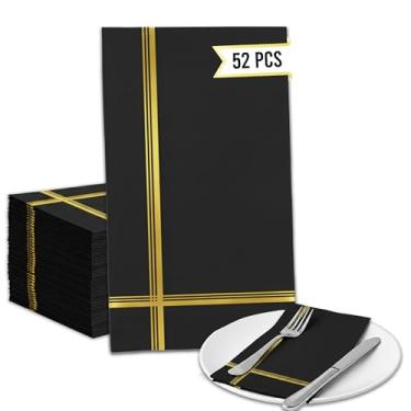 Imagem de Guardanapos pretos e dourados descartáveis – Conjunto de 52 guardanapos de jantar para casamento com acabamento dourado, perfeitos para festas e eventos de recepção de casamento - Guardanapo de papel