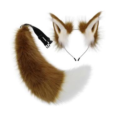 Imagem de Fiocias Conjunto de Faixa de Cabeça E Cauda Fofo para Shows de Anime, Bailes de Máscaras de Aniversário, Carnaval, Marrom Branco