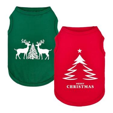 Imagem de Vehomy Pacote com 2 camisetas de algodão para cães com estampas de alces de Natal para animais de estimação, roupas de Natal, roupas de Natal, sem mangas, para cães pequenos, médios e grandes, P