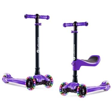 Imagem de Lascoota Scooter de 3 rodas 2 em 1 – Roxo, idades 3 a 12 anos, máx. 45 kg – Scooter infantil e infantil com assento removível e guidão ajustável de 4 posições – Equilíbrio inclinado para dirigir e
