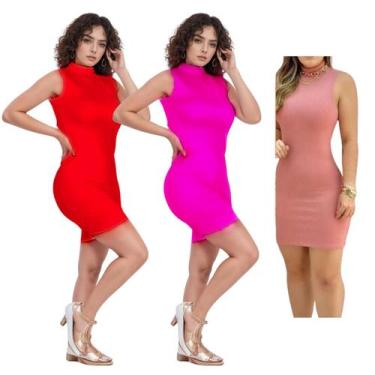 Imagem de KIT C/3 Vestidos Canelado Gola Alta - Emporio J, Vermelho, Pink, Rose,