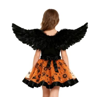 Imagem de LEKTIST Conjunto de fantasia de asas de anjo preto com saia tutu de tule, asas de anjo e auréola para mulheres, adereços para fotos de Halloween, Asas - laranja, Tamanho Único