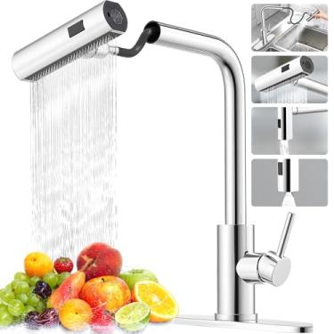 Imagem de Torneira Cozinha Bancada, Torneira Cozinha, Torneira de Cozinha Gourmet com Pulverizador Retrátil 3 Modos, Bico Giratório 360° Aço Inoxidável e Design Cascata para Pia