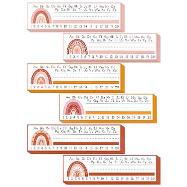 Imagem de 60 etiquetas de nome de mesa, placas de nome de estudante boho de 28 x 8 cm com letras de arco-íris e linhas numéricas para estudantes, mesa, professores, placa de nome para sala de aula