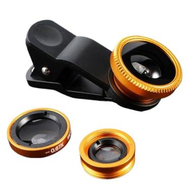 Imagem de Acessório universal para lente de câmera – olho de peixe de 180° + lente de encaixe 3 em 1 grande angular e macro para smartphones, tampas de lente de câmera adequadas para iPhone e Android, dourado