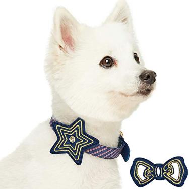 Imagem de Blueberry Pet Coleira de cachorro ajustável com 2 padrões com fivela de metal e 2 gravatas borboleta destacáveis - Faixa assimétrica azul, pescoço 23-31,7 cm, para raças pequenas