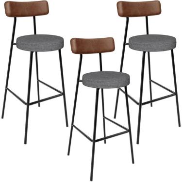 Imagem de Kit 3 Banqueta Alta Cozinha Sala Jantar Milão L02 Couríssimo Marrom Linho Cinza Escuro - Lyam Decor