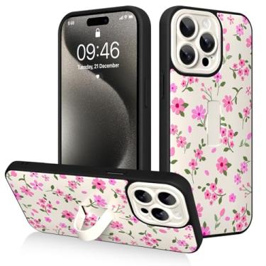 Imagem de AIGOMARA Capa para iPhone 15 Pro com alça de dedo, estampa floral rosa para mulheres e meninas, capa protetora à prova de choque com suporte de mão antiarranhões, branca