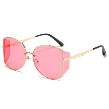 Imagem de HCHES Óculos de Sol Femininos com Armação Grande, Redonda, Envolvente, Estilo Fashion, Proteção UV400, em Metal (Rosa Dourado)