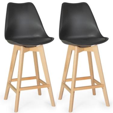 Imagem de Kit 2 Banqueta Alta Leda Base Madeira Com Encosto - Preto