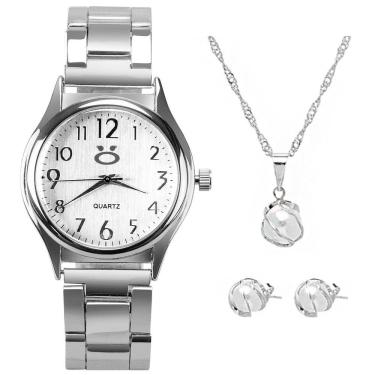 Imagem de Relogio Feminino Prata Aço Inox + Colar Brincos + Caixa