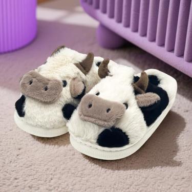 Imagem de Pantufas de vaca para crianças pequenas, meninos e meninas, pantufa de pelúcia macia, animal fofo, inverno, confortável, quente, felpudo, espuma de memória, antiderrapante, fofo, para uso interno e