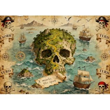 Imagem de DePhoto Pano de fundo pirata de 1,8 m x 1,8 m de aventura náutica com mapa de joias de tesouro para decoração de tema de Halloween pirata, decoração de festa, estúdio, adereços de vinil