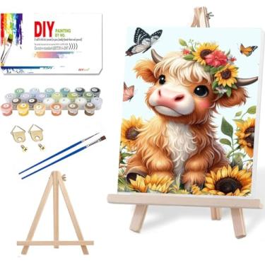 Imagem de Tiwabb Kit de pintura de gado por números para adultos iniciantes com cavalete, kits de pintura fácil para adultos por números em tela, pintura faça você mesmo para iniciantes, arte por números, para
