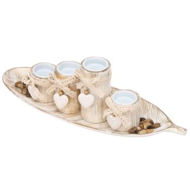 Imagem de ZFLYCANP Conjunto de suporte de vela rústico de madeira, 4 peças de castiçais pastorais vintage com 1 saco de pedras naturais, acabamento branco envelhecido para decoração de festa de casamento