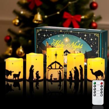 Imagem de Decorações de Natal para ambientes internos e externos, conjunto de velas de presépio com tempo remoto, mesa religiosa para casa de férias para decoração de quarto, presente de Natal, velas sem chamas