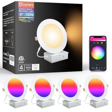Imagem de Lumary Iluminação embutida inteligente de 15 cm, luzes embutidas de LED sem lata 13 W 1000 LM, downlight LED que muda de cor com J-Box, compatível com Alexa/Google Assistant/BT Remote, listado ETL